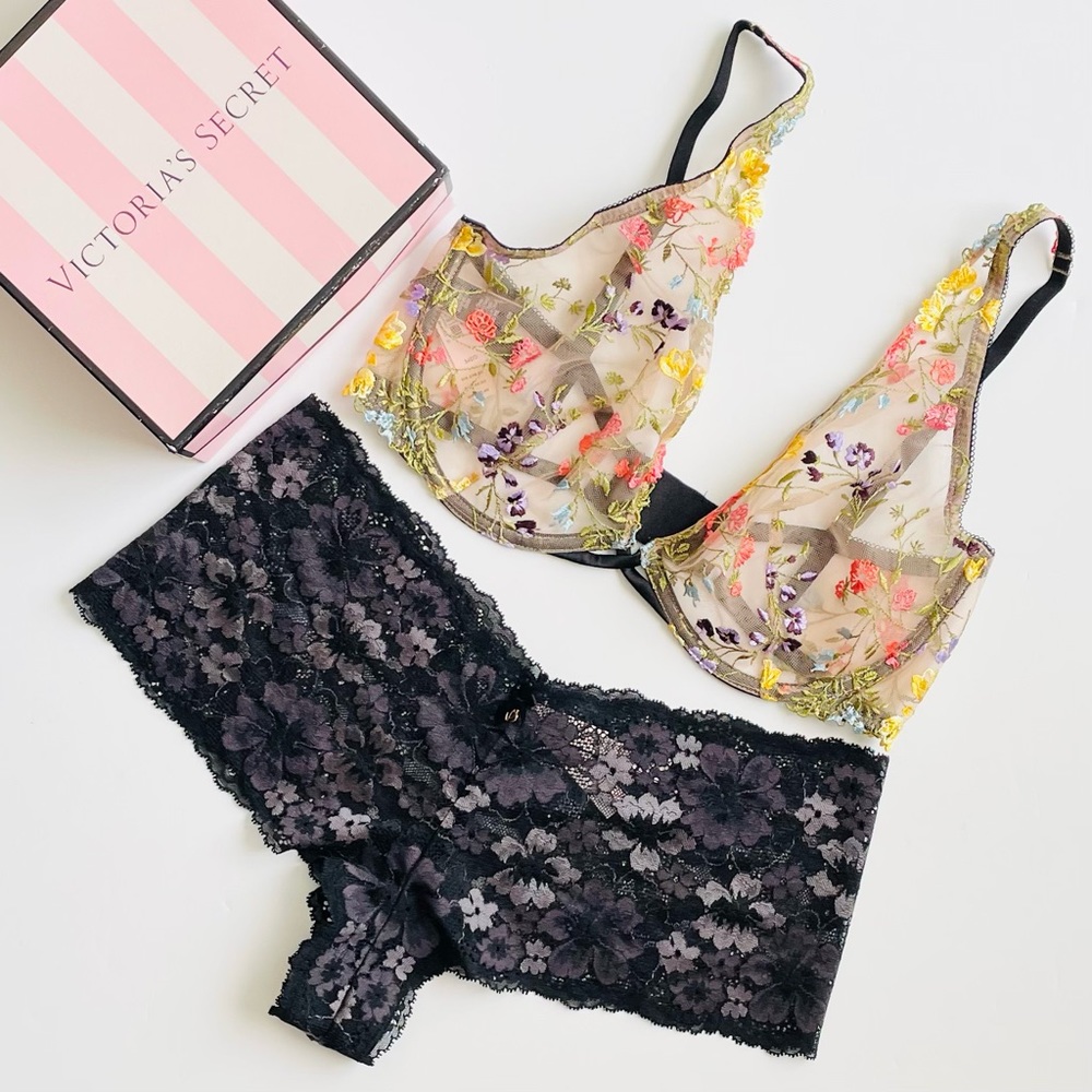 34DD LARGE Victoria’s Secret black beige bra set